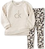 Calvin Klein Little Girls' Sweatshirt with Crochet Trim and Leggings Set, Oatmeal, 5