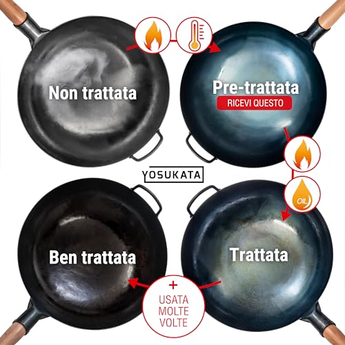 YOSUKATA Professional Wok Pan 36 cm – Traditional Wok Round Bottom in Preconditioned Carbon Steel – Original Chinese Wok – Large Wok – Gas and Open Fire Compatible (Blue)
