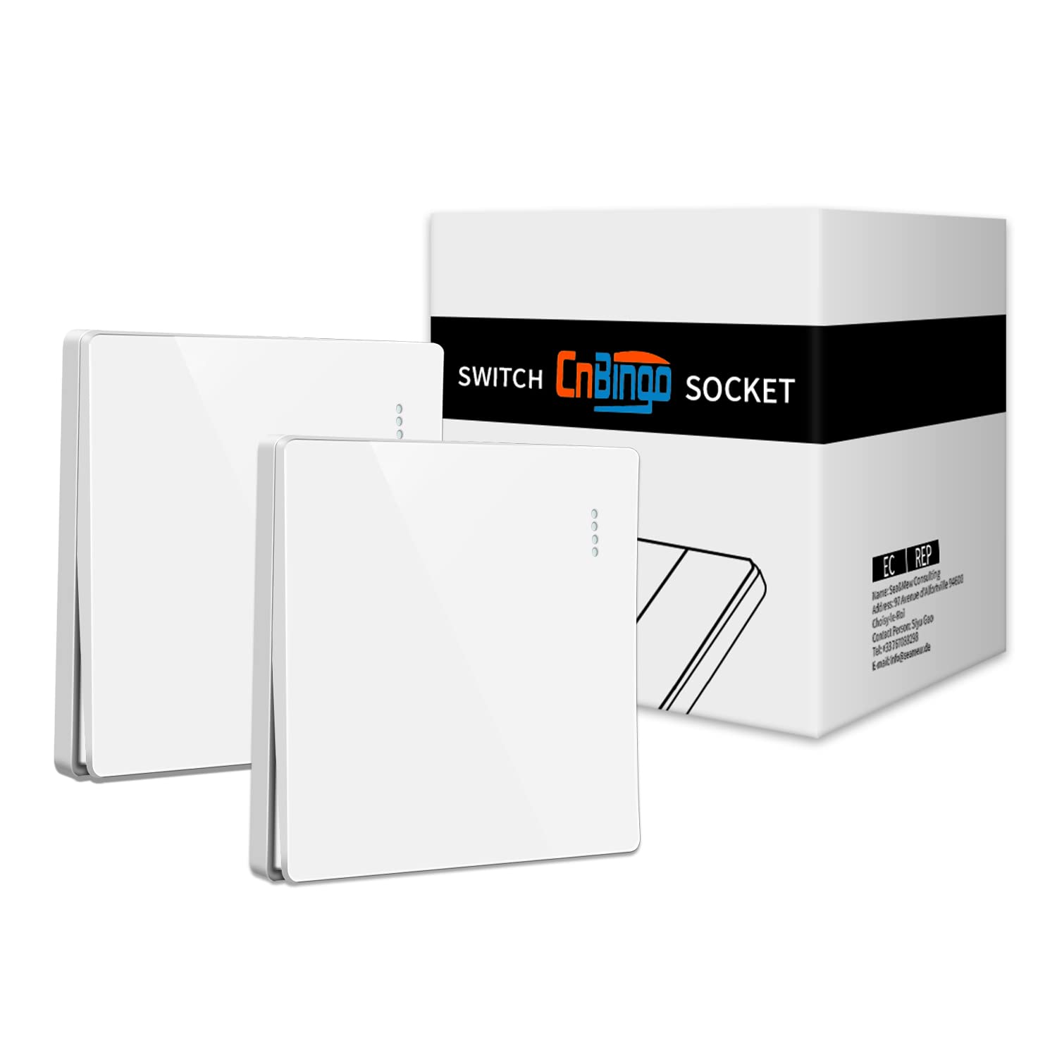 2 Pack CNBINGO Big Rocker Button Switch with Phosphor Dots, Modern Gloss White Wall Plate, Electrical Single Light Switch, 1 Gang 2 Way, 16A 250V