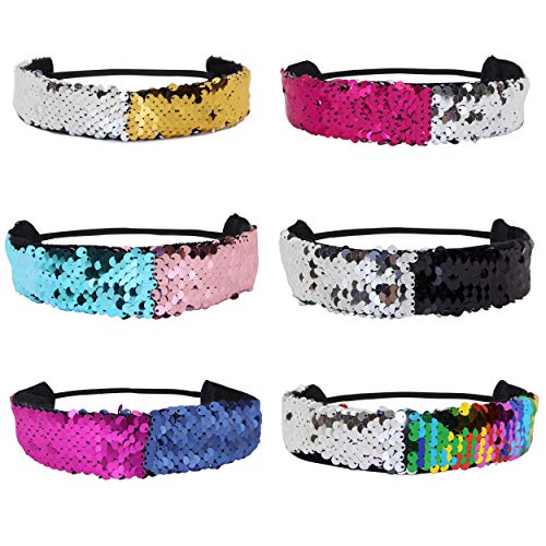 6 Reversible Sequin Headbands Elastic Mermaid Hair Accessories, Easter Basket Stuffers for Girls