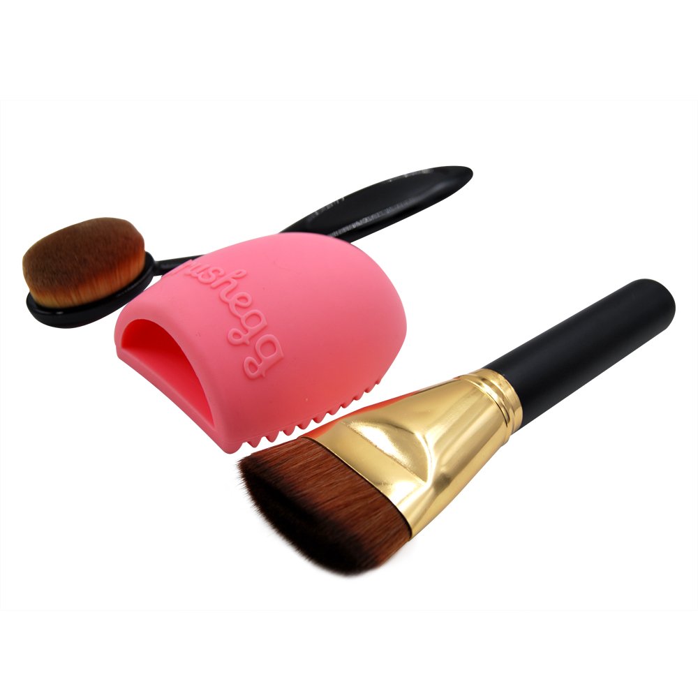 eNilecor Flat Contour Makeup Brush,Oval Makeup Brush Cosmetic Foundation Cream Powder Blusher Toothbrush Curve Foundation Brush & Glove MakeUp Washing Cleaning Brush Scrubber Board (3PCS)