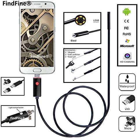 Black 2M 6.5FT Cable 5.5mm Lens 2 In 1 Dual Usb Android Endoscope HD Waterproof Snake Borescope USB Camera For Android Smartphone or Windows PC FindFine