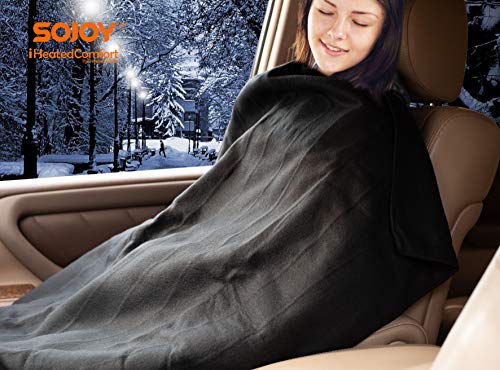 Sojoy 12V Heated Electric Car Blanket, 45 Minute Heating Timing Function, Easy Controller, Fleece Travel Throw for Car and RV-Great for Cold Black SJ734R073