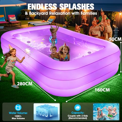 Luxfero Piscine Gonflable avec Siège et Lumières, 280x160x50 cm Grande Piscine Gonflable Adultes, Piscine Rectangulaire épaissie 1400L, Swimming Pool pour Le Jardin Extérieur