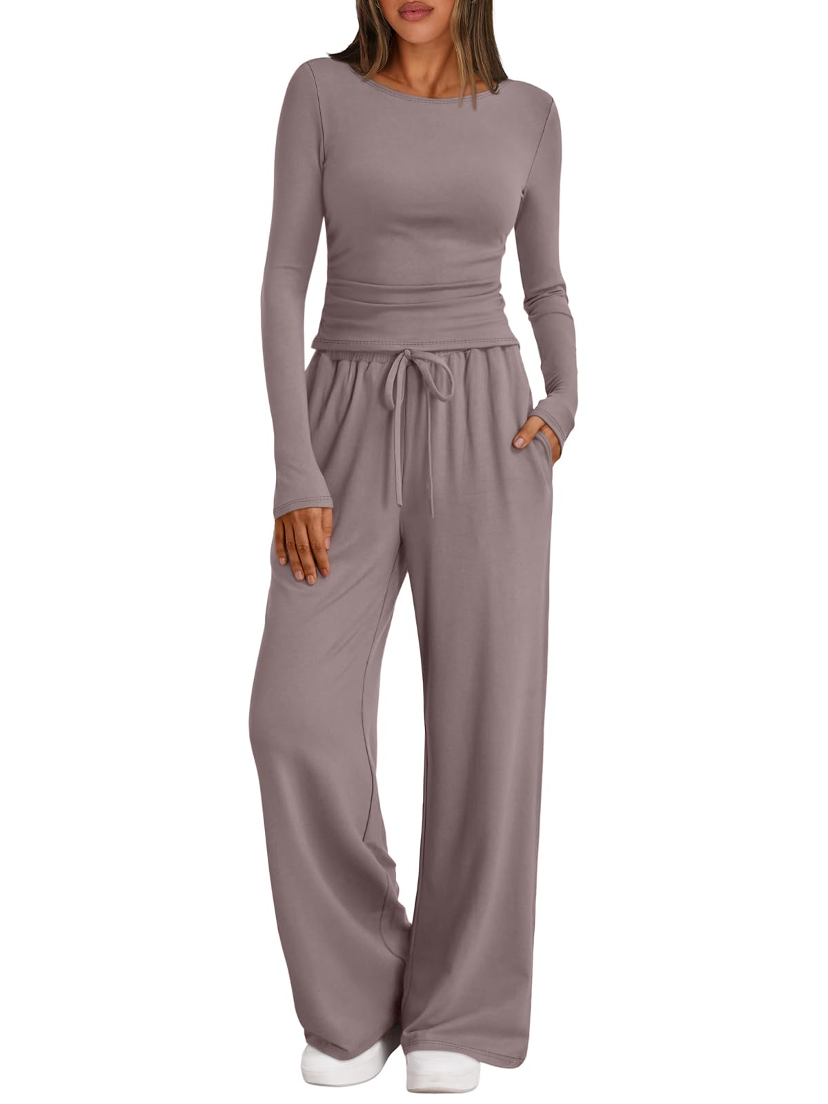 Photo 1 of Trendy Queen Womens Lounge Two 2 Piece Sets Early Fall 2025 Fashion Outfits Clothes Clothing Matching Sweatsuit Sweat Suit Airport Travel Winter Loungewear Pajamas Cruise Old Money Rose Taupe L