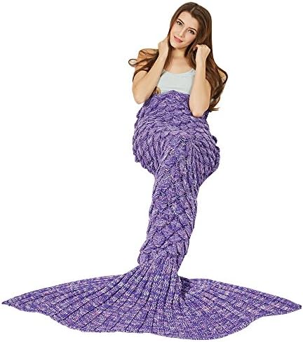 Y-stop Mermaid Tail Blanket with Scale Knit Crochet for adult Kids Girls, Super Warm Soft All Seasons Sleeping Blankets 6 Styles (Length-71", Mermaid Scale-Purple red)