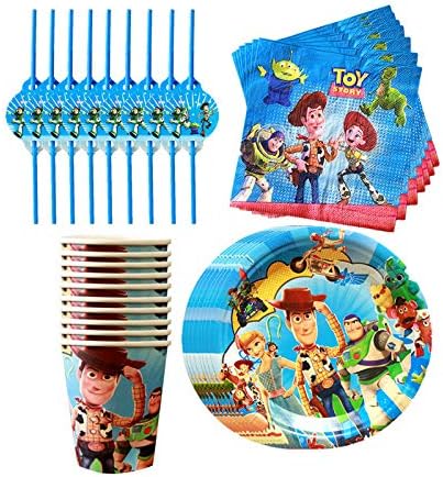 Toy Story 4 Birthday Party Supplies, 16 Serves Set Including Invitations Card, Napkins, Plates, Cups, Knives, Forks, Spoons, Straws, Tablecloth Cover, Flatware Kit For Toy Story Kids Party Decoration Décor