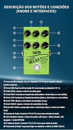 VEDO M-vave Pedal de efeito Classic Delay, True Bypass, tempo de delay de 600ms, para guitarra elétrica e baixo.