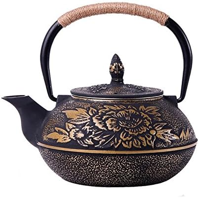 Fenjun - Cast Iron Teapot Kettle with Stainless Steel Infuser / Strainer, Gold Peony 30 Ounce Japanese Teapot ( 900 ML )
