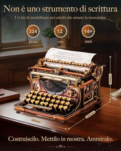 ROKR LK703C Wooden 3D Puzzle Mechanical Typewriter Model DIY Construction Kit for Adults, Retro Desk Furniture, Mechanical Typewriter (Magic Version)
