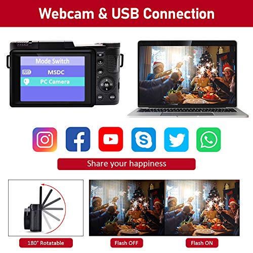 Digital Camera Vlogging Camera Full HD 2.7K 30MP Vlog Camera for YouTube Compact Digital Cameras with 32G Memory Card and 2 Batteries（Fixed Focus）