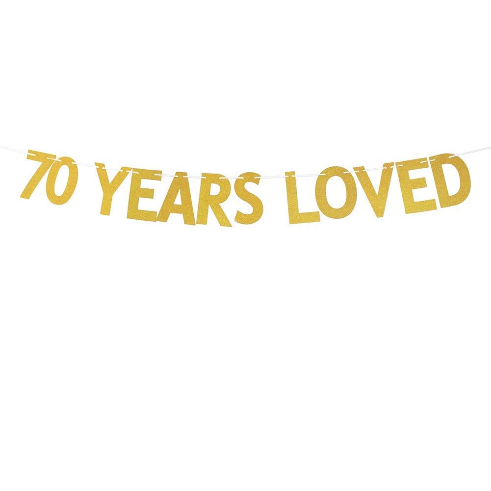 Losuya 70 Years Loved Banner Golden Glitter Bunting for 70th Birthday Anniversary Party Decoration Photo Prop Garlands