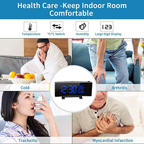 PEMOTech Projection Alarm Clocks for Bedrooms,【Temperature & Humidity Display】 7'' Large Curved LED Display,180° Rotation,FM Radio Digital Alarm Clock Projection on Ceiling with 2 USB Phone Charger