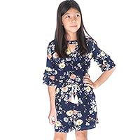 Smukke, Big Girls Gorgeous Floral Printed Tier Ruffles 3/4 Sleeves Romper with Pockets (Many Options), 7-16 (14, Navy-Multicolor)