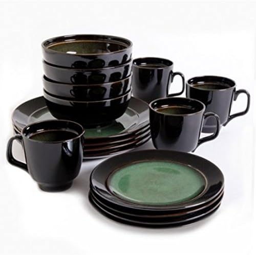 Green &amp; Black Unique Collection Metallic Glaze Stoneware 16 Piece Dinnerware Set