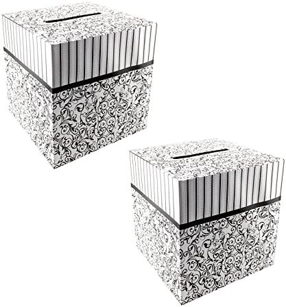 Deco4Fun Decorative 10" x 10" Card Box with Slot - White with Black Stripes and Swirling Flourishes Design - Lightweight Cardboard - Wishing Well Money Letter Gift Wedding Memory Memento (2 Boxes)