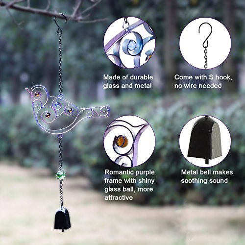 CEDAR HOME Wind chime Unique Outdoor Indoor Hanging Mobile Bell WindChime for Garden Lawn Yard Patio Waterproof Metal Glass Home Decor, 8.75" W x 1.5" D x 20" H, Song Bird - Thumbnail 2