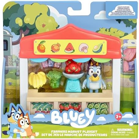 Mini sets de jeu Bluey . Set de jeu Bluey Le stand de marché . Inclus : figurine Bluey articulée, sac de courses, accessoires et billets