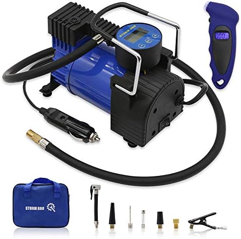 Stormbro エアーコンプレッサー エアコンプレッサー 車 空気入れ 電動 自動停止 車用 小型 静音 車載 12v 5種類変換ノズル ガーソケット接続式 タイヤ 自動車 自転車 ボール ロードバイク 浮輪適用 エアゲージ