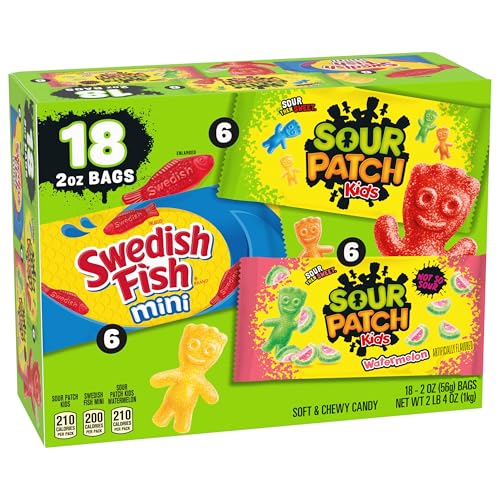 SOUR PATCH KIDS AND SWEDISH FISH MINI SOFT & CHEWY CANDY VARIETY PACK, BULK CANDY, 18-2 OZ BAGS