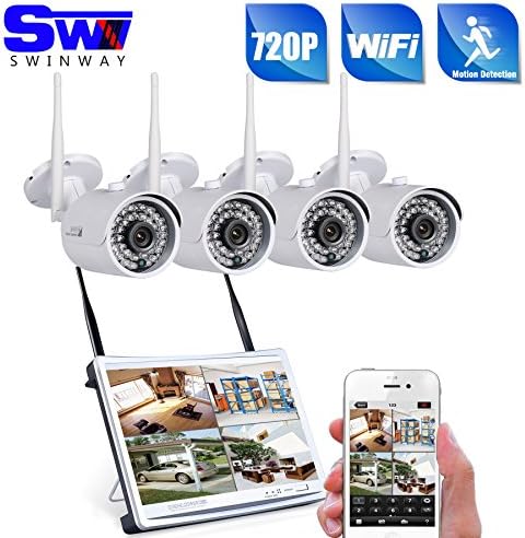 Wireless Security Camera 4Ch 12'' Monitor H.264 WiFi Security Camera, Home Surveillance System Outdoor Bullet Camera with 82ft IR Night Vision, Video Monitor, Motion Detection, P2P