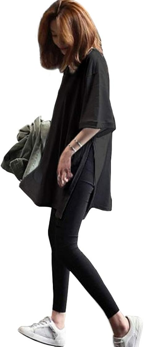 Amazon Celetree カットソー Tシャツ レディース トップス スリット 五分袖 大きいサイズ ロング丈 無地 丸首 ドロップショルダー 夏 春 ブラック Tシャツ カットソー 通販