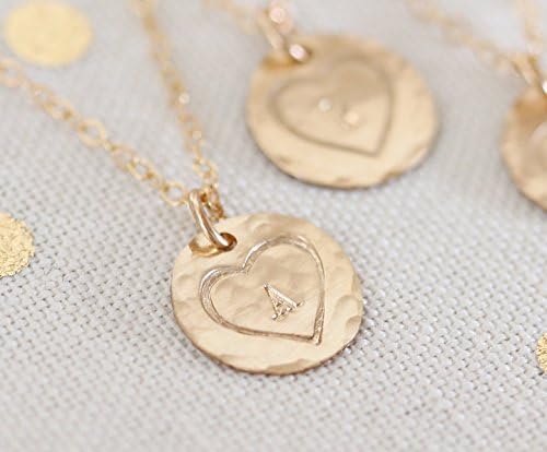 14k Gold Filled Heart Initial Charm Necklace - Personalized Mother's Day Gift Custom Hand Stamped Jewelry - Choose 1-5 Discs