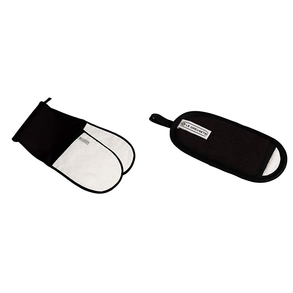 Le Creuset 4-Layered Textile Double Oven Gloves, Stain Resistant, Black & 4-Layered Textile Handle Glove, Stain Resistant, Black