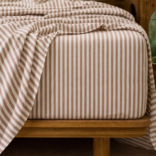 MooMee Striped Fitted Bottom Sheet Only 100% Washed Cotton Linen Like Textured Breathable Durable Soft Comfy Deep Pocket Fits Mattress up to 17" (Orange Classic Stripes, King)