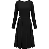 Hobemty Women's Pleated Dress A Line Tie Waist Business Casual Long Sleeve Dresses