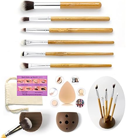 Eye Makeup Brushes 6 Pieces Essential Eye Brush Set for Eyeliner Eyeshadow Brow Smudge Cosmetic Tools Kits Plus Bonus Sponge Blender Cleaner Holder Quick Eye Stencils Pouch Bag