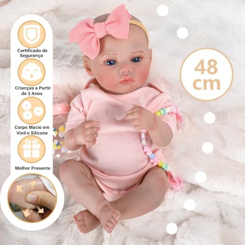 Bebê Reborn Boneca de Silicone Menina Realista Olhos Azuis 48cm Pode Dar Banho