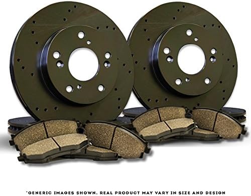 [Front+Rear Full Kit][Ready-to-Install] 4 Black Coated Cross Drill TOP-NOTCH Disc Brake Rotors + 8 Ceramic Pads[5lug]