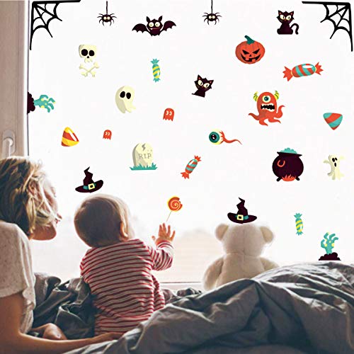 IARTTOP Halloween Party Supplies DIY Wall Decal, Bat Spider Cat Window Cling Sticker, Spooky Pumpkins Skull Decals for Kids Room Living Room Wall Art Decor (31 pcs)