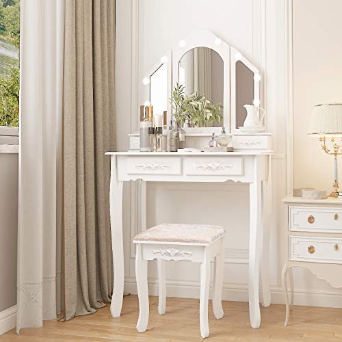 Maupvit-Vanity-Table-Set-with-Lighted-Mirror-and-Cushioned-Bench-Makeup-Dressing-Table-with-10-Light-BulbsTri-Folding-Mirror-and-4-Drawers-for-Women-and-Girls-Modern-Make-up-Dresser-Table-White
