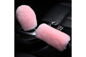 OGLAND Fluffy Natural Fur Sheepskin Car Gear Shift Handle Level Stick Knob Covers for Automobile Selector Handball Collar, Handbrake Cover (Korean Pink)