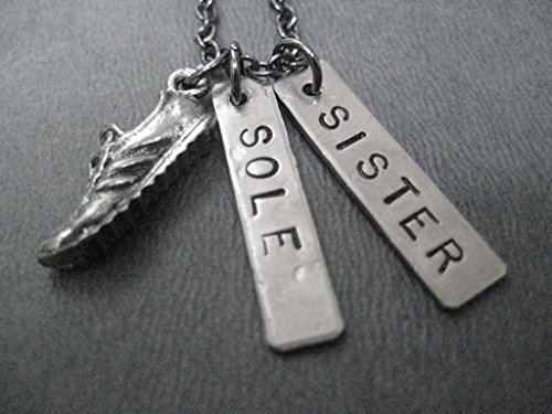 RUN SOLE SISTER Necklace - Pewter Running Shoe Charm with 2 Rectangle Hand Hammered Nickel Silver Pendants Hand Stamped with SOLE and SISTER on 18 inch Gunmetal Chain