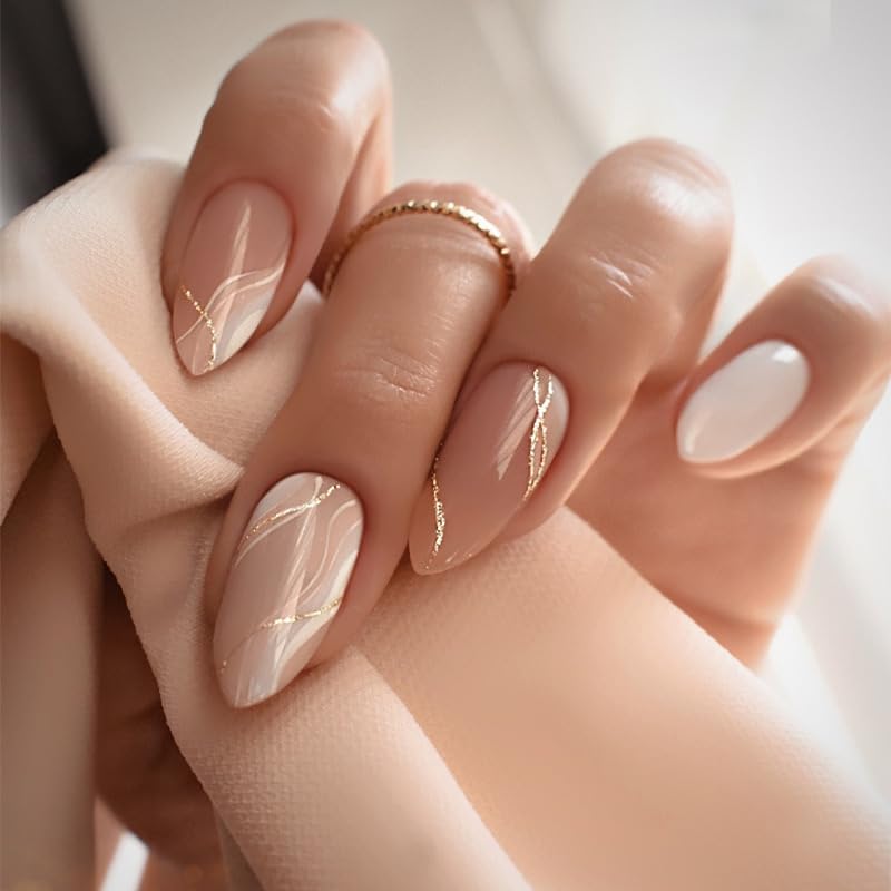 Almond Press on Nails Medium Fake Nails Glitter Gold Line Design Glue on Nails White False Nails Full Cover Nude Acrylic Nails Glossy Stick on Nails Fall Artificial Nails for Women Manicure 24Pcs
