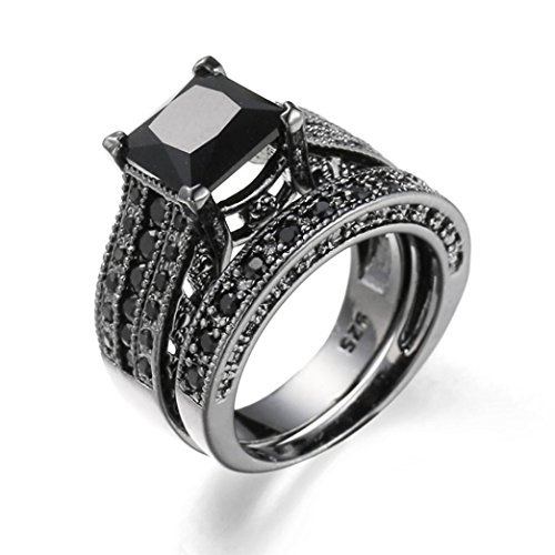 Auwer Rings, 2-in-1 Womens Vintage White Diamond Silver Engagement Wedding Band Ring Set (US Size 6, Black)