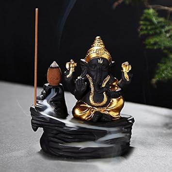 JaipurCrafts New Backflow Incense Burner Lord Ganesha Emblem Auspicious and Success Cone Censer Ceramic Home Decor Ganesha Stick Holders with Free 10 Backflow Cones (Gold)