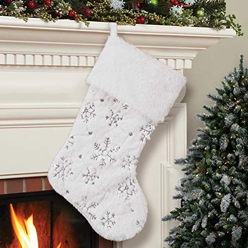 GMOEGEFT Snowy White Faux Fur Christmas Stocking with Sparkly Silver Snowflake Sequins, Xmas Sock Mantle Hanging Ornament, Holiday Decoration
