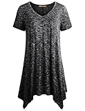 Miusey Irregular Hem, Womens V Neck Short Sleeve Shirts Pleats Handkerchief Hem Tunic Top Blouses MMulticolor Black