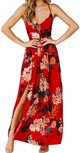 Women's Floral Printed Sexy Backless Criss Cross Spaghetti Strap Beach Party Maxi Dress Red-M