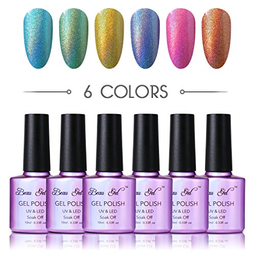 Beau Gel Soak off Nail Polish, Holographic Rainbow Colors Manicure Nail Salon Set Long Lasting Shiny Nail Art (6 bottles, 10ml each) Beau Gel Soak off Nail Polish, Holographic Rainbow Colors Manicure Nail Salon Set Long Lasting Shiny Nail Art (6 bottles, 10ml each)