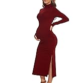 guruixu Turtleneck & Long Sleeve Maternity Dress for Photoshoot Baby Shower, Winter Split Ruched Bodycon Pregnancy Clothes