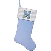 Shgngle 20 Inches Letter Embroidered Christmas Stocking,Personalized Light Blue Velvet Christmas Stocking,Family Holiday Decorations and Xmas Gift(M)
