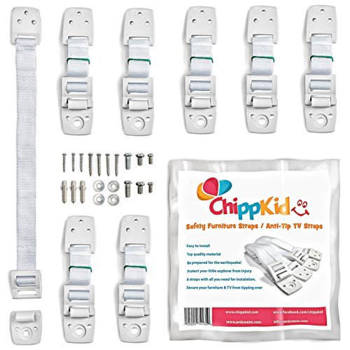 Furniture wall straps / Anti tip TV safety straps by ChippKid ✮ Easy to Install ✮ [8 pack] Top quality childproofing Earthquake Straps | Anchor any furniture or TV. Secure your home now!