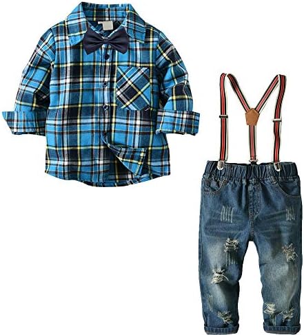 Nwada Little Boys Clothes Sets Bow Ties Shirts + Suspenders Pants Denim Jeans Toddler Boy Gentleman Outfits Suits
