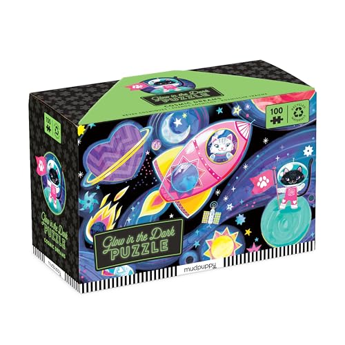 Mudpuppy Cosmic Dreams – 100 Piece Glow in The Dark Jigsaw Puzzle with an Outer Space Scene of Astronaut Cats and Hidden Planetary Details in The Dark
