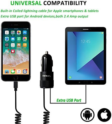iPhone Car Charger, Sngg 24W/4.8A USB Car Charger with Coiled Lightning Cable for iPhone 7 Plus 6 6S Plus 5S 5 5C SE,iPad and More,with Extra USB Port
